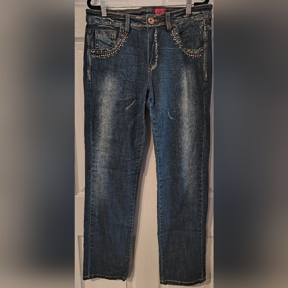 Cristina Sz 10 Women's Blue Jeans with Studded & Distressed Details